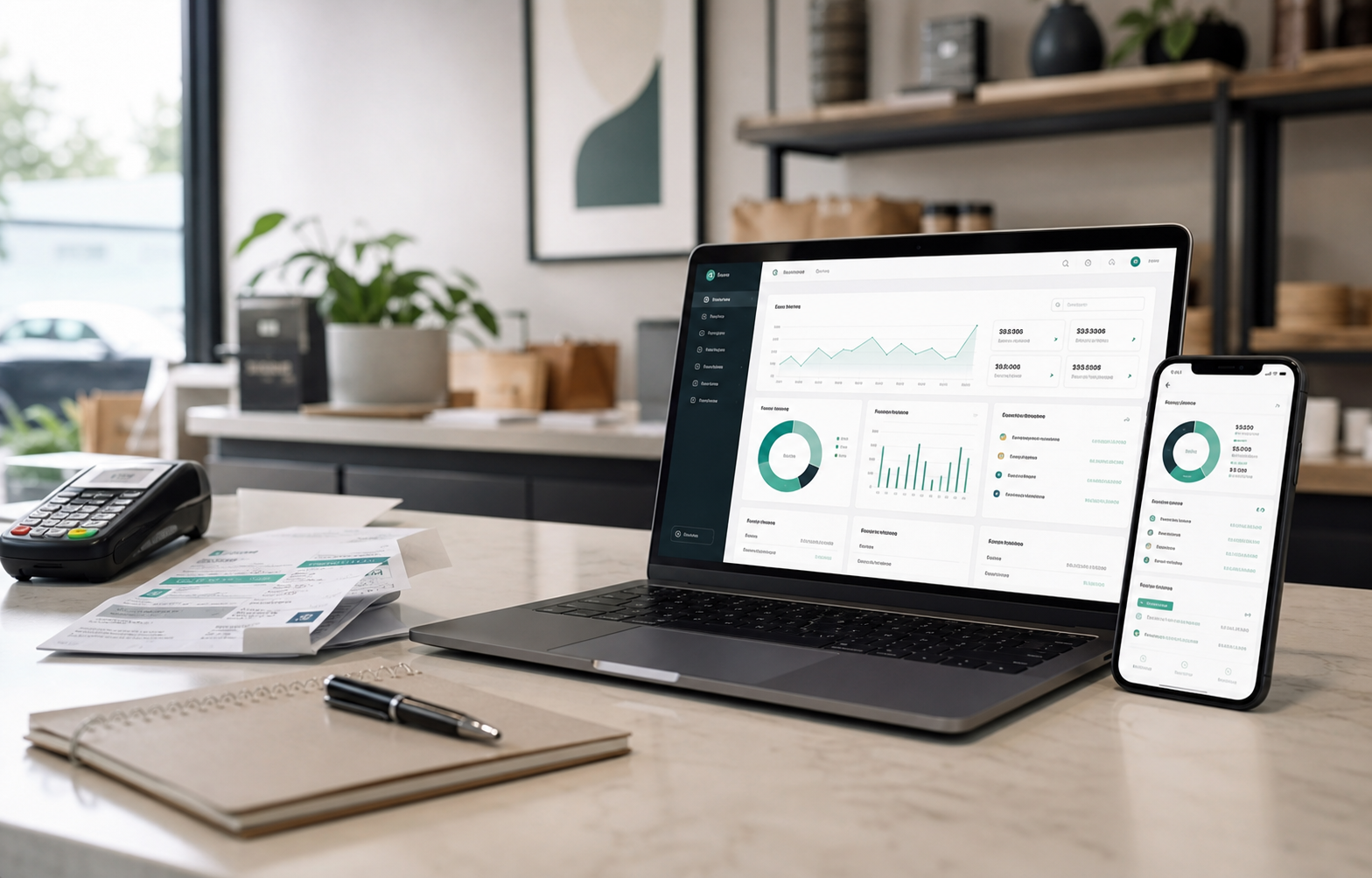 Dashboard keuangan BIGHOKI terbuka di laptop dan HP di meja kasir sebuah toko