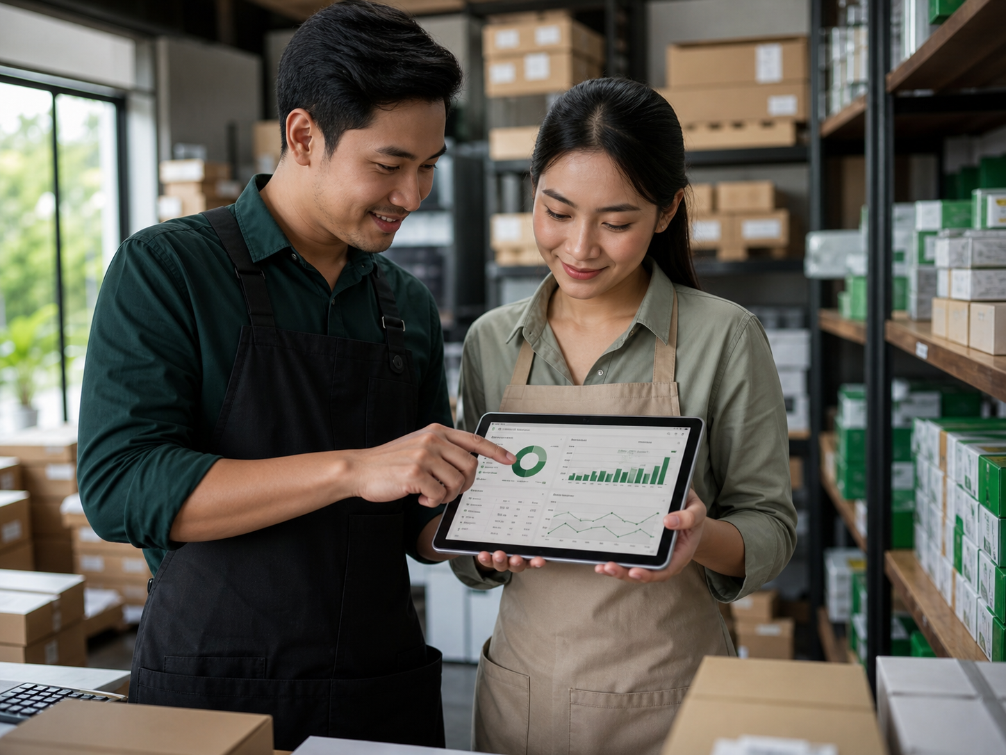 Dua pelaku usaha memantau grafik laba di tablet dari gudang mereka